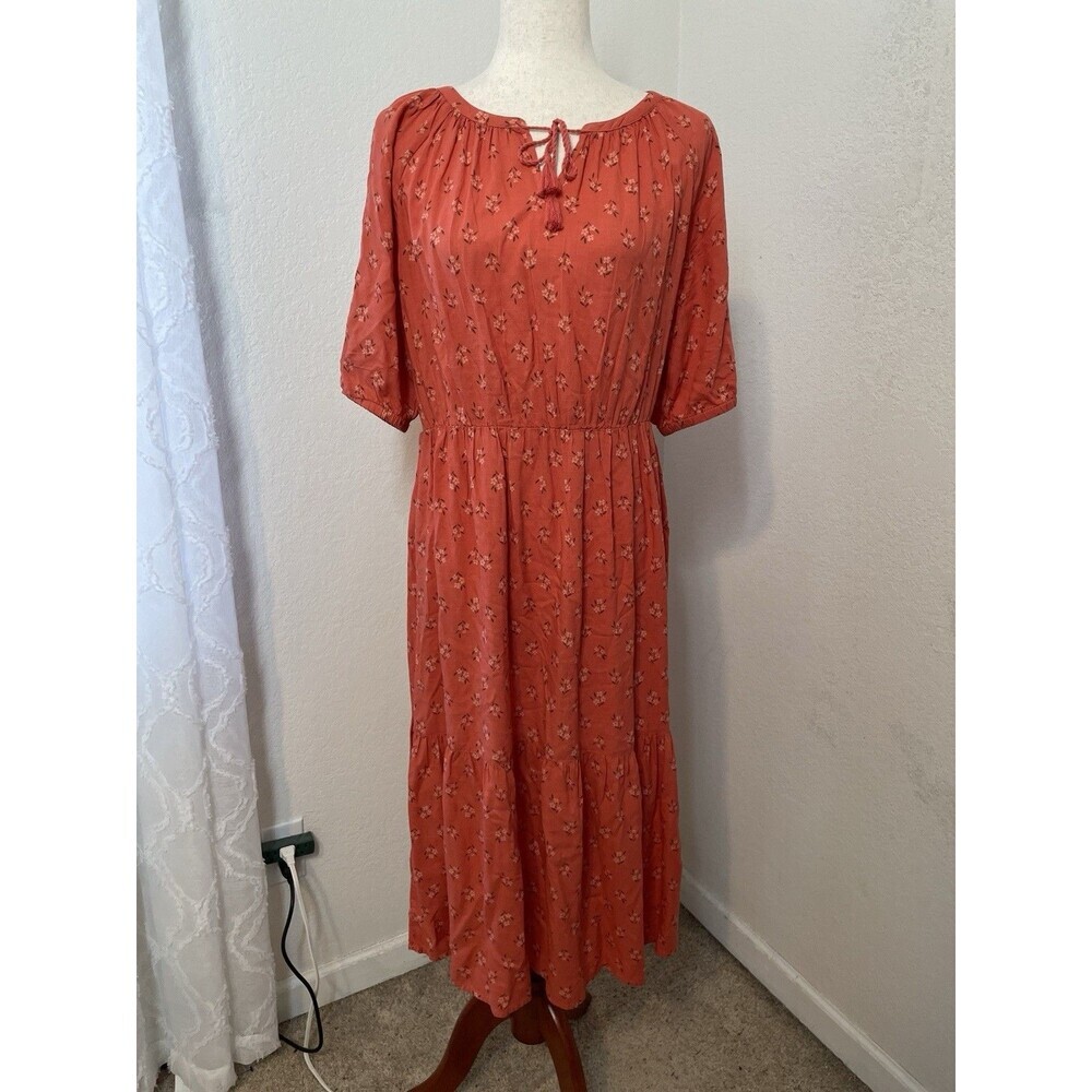 BeachLunchLounge Women Coral Floral Prairie Midi Dress Tie Neck Tiered Size M
